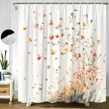 1pc Watercolor Whimsical Tree Shower Curtain - Orange & Red Flowers on Creamy White Background, Polyester Fabric with 12 Hooks, 90x180cm