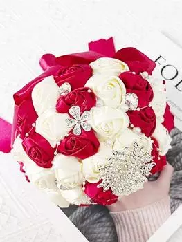 1Pc Wedding Bouquet Toss Bouquet with Diamond Pearl Crystals Bridal Bouquet for Bride Bridesmaid Silk Bridal Hand Holding Bouquet for Wedding Party красный