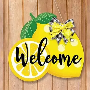 1Pc Welcoming Wall Lemon Shape Welcome Sign Handmade Door Hangings DIY Door Sign Elegant Wood Decorations Summer Theme