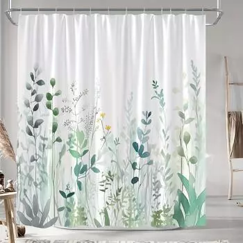 1pc Wildflower And Weed Shower Curtain with Natural Green Landscape, 70X70 Inch Polyester Shower Curtain, 12 Hooks. 90X180cm
