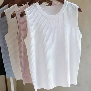 1Pc Women s Sleeveless Knit Vest Top Summer Casual Short Length Solid Color Medium Stretch One Size Polyester Cotton Blend One Size белый