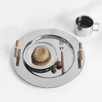1PC Wooden Handle Ins Wind Put Tea Cup Tray Decoration Storage Round Tray Scandinavian Electroplating Color Round Tray