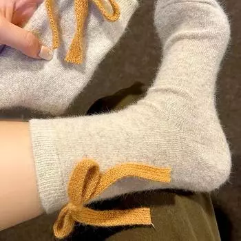1Pc Woolen Socks Lovely Ballet Bow Socks Ma am Bow Tie Socks Winter Wool Socks Korean Pile Socks Keep Warm