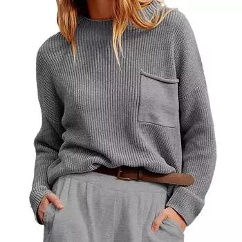 1PC вязаный свитер толстый уличный джемпер с карманами сращивание полиэстер теплые топы длинный рукав пуловер с круглым вырезом для женщин S