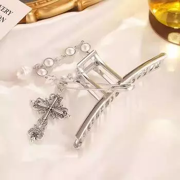 1pc Y2K fashion design pin cross metal chain pearl grab clip women s back of head hair clip large hair ornament