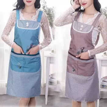 1PCДвойной карманный маслостойкий кухонный фартук для женщин с рисунком без рукавов для уборки фиолетовый