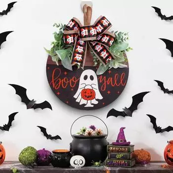1pcs 15Inch Halloween Ghost & Pumpkin Wreath - Wooden Front Door Decor, Perfect for Housewarming Gift 30x30cm