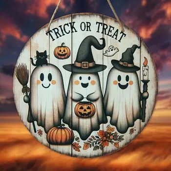 1PCS 2D Wooden Halloween Three Cute Ghost Broom Spoof Pumpkins 7.9Inch/20cm Round Hanging Sign Wall Or Door Decor Wall Art