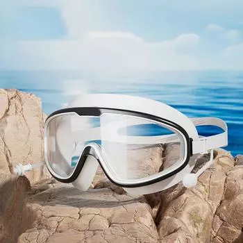 1Pcs Adult Large Frame Swimming Goggles Waterproof Anti Fog Anti UV High-definition Transparent Flat Lens with Built-in Earplugs