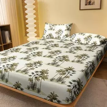1Pcs Autumn Palm Pattern Brushed Fitted Sheets, Bedroom Plant Flower Printed Bedspread, Bedding (Not Include Pillowcase) 71x132cm