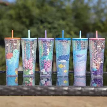 1pcs Bubble water cup high aesthetic value portable plastic cup large capacity double-layer straw cup 750ml