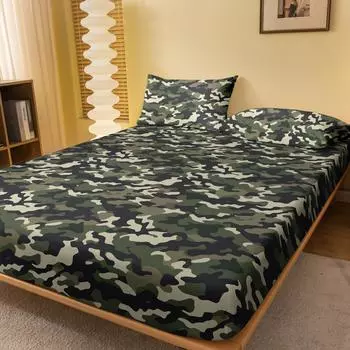 1Pcs Camouflage Green Pattern Sanding Fitted Sheet, Bedroom Camouflage Printed Bedspread, Bedding (Not Include Pillowcase) 71x132cm камуфляж зеленый