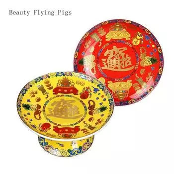1PCS Ceramic Supply Plate Enamel Color Tribute Plate Red Yellow Divine Platform High Foot Fruit Plate