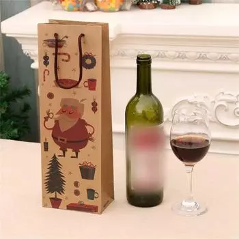 1Pcs Christmas Kraft Paper Wine Bottles Bags With Handle Santa Snowmen Red Wine Packaging Bag New Year Party Gift Pouch Holders 1PCS