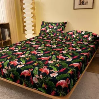 1Pcs Flamingo Banana Pattern Brushed Fitted Sheet, Printed Bed Cover For Bedroom, Bedding (Excluding Pillowcases) 71x132cm