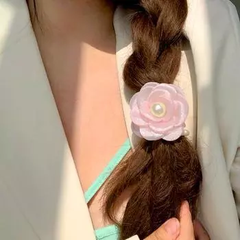 1Pcs Hairpin Bracelet Elastic Camellia Flower Hair Rope Wrist flower Pearl Ins Korean Sweet синий