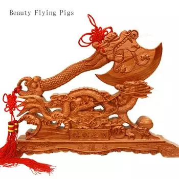 1PCS Handmade Peach Wood Retro Chinese Axe Pendant with Base Home Living Room Wine Cabinet Front Desk Decoration