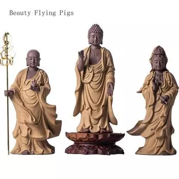 1PCS Purple Clay Buddha Shakyamuni Avalokitesvara Ksitigarbha Bodhisattva Home Worship Buddha Statue Crafts Ornament