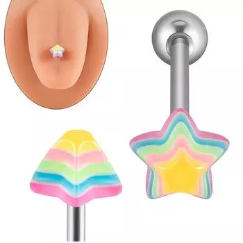 1 шт. Радужная пирамида коническая звезда язык кольца нержавеющая сталь разноцветные язык гвоздики штанга пирсинг украшения для тела 14G