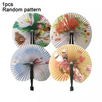 1pcs Retro Foldable Paper Fan Creative Small Round Paper Color Decor Paper Fan Style Party Hand Gift Random Style