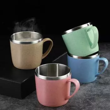 1pcs Stainless Steel Cup Wheat Straw Element Small Water Cup Household Anti-hot Anti-drop Coffee Milk Cup Tea Drink Water Cup 220ml небесно-голубой