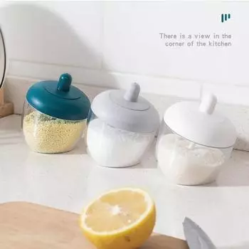 1PCS Transparent Creative Kitchen round Seasoning Jar Seasoning Bottle with Spoon and Lid Moisture-Proof and Dust-Proo белый