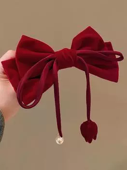 1PCS Velvet Red Bows Hair Clip Ribbon Accessories Ponytail Holder,Big Hair Pins Hair Barrettes Bow for Women Girls Toddlers Teen