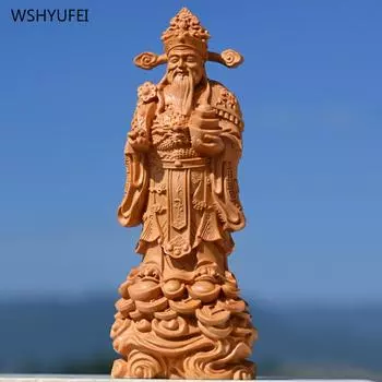 1pcs Wooden carved Buddha statue of the God of Wealth Home furnishings Yuanbao Ruyi Office decorations Wooden crafts Gift