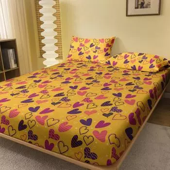 1Pcs Yellow Bottom Various Hearts Pattern Brushed Fitted Sheet, Printed Bed Cover For Bedroom, Bedding (Excluding Pillowcases) 71x132cm