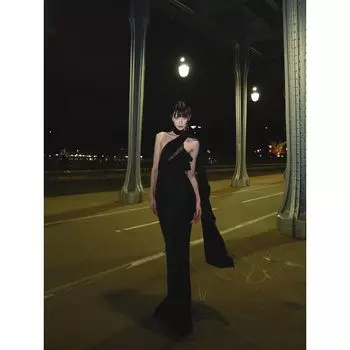 1S Western Style Perspective Patchwork Scarf Streamer Halterneck Skirt Black Acetic Acid Satin Annual Meeting Birthday Fishtail Formal Dress Black 160/84A