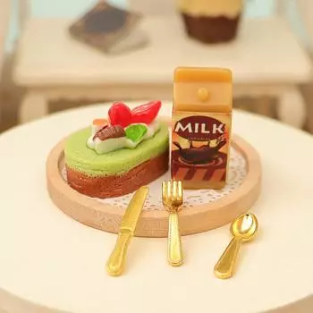 1Комплект 1:12 Кукольный миниатюрный торт Молоко Вилка Поднос Модель еды Кухонный декор Игрушка для аксессуаров кукольного домика Детский подарок