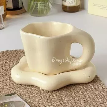 1set 300ml Ceramic Coffee Spotted Cup and Plate Creative Cute Fat Handle Cup with Saucer for Office and Home Room Decor