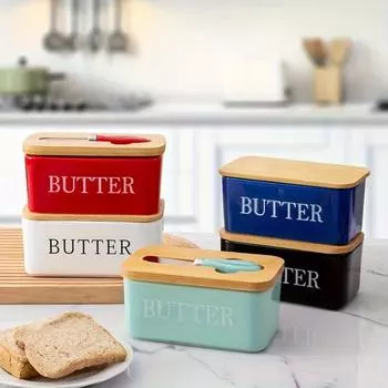 1set Ceramic Butter Dish With Bamboo Lid And Knife, Large Butter Keeper Container For Counter, Airtight Butter Holder белый