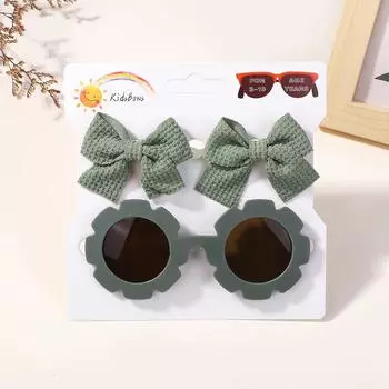 1Set Children Headwear Glasses Solid Soft Bowknot Hair Clips for Girls Barrette Retro Round Sunglasses Kids Hair Accessories