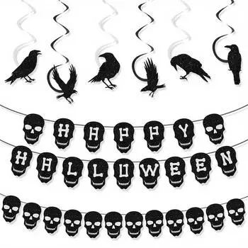 1set Halloween Black Skull Alphabet Pull Flag Pull Flower Spiral 3 Piece Set, Raven Spiral Charm Set, Holiday Dress Up Holiday Charms Pack of 3