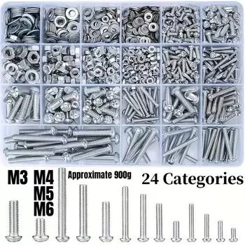 1Set Iron Galvanized Material M3/M4/M5/M6 Hex Head Screws Bolts and Nuts Kit, Bolts Nuts Flat Spring Washers Assortment Kit
