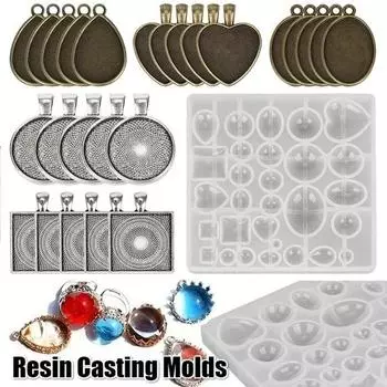 1Set Resin Casting Molds Jewelry Making Silicone Molds and 30Pcs Pendant Trays Include Square Round Oval Teardrop Heart