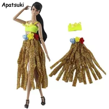 1Set Танцевальные комплекты одежды для барби Куклы Наряды Желтый топ Жилет Полосатая юбка Хула Косплей Костюм 1/6 BJD Куклы Аксессуары дубильная кора