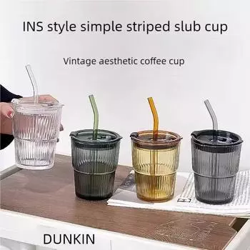 1шт 400мл полосатая стеклянная чашка с прозрачной крышкой соломенная чашка для кофе со льдом чашка для чая чашка для молока чашка для воды чашка для напитка чашка для сока 400ml прозрачный