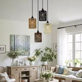 1шт абажур из бумажной веревки для ресторана, шикарный плетеный абажур в стиле бохо, небольшой абажур из ротанга для кухни, подвесной светильник в стиле кантри, ретро, для проживания в семье чёрный