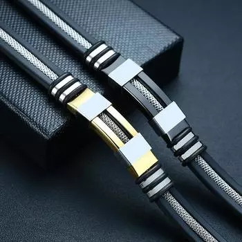 1шт браслет из нержавеющей стали мужской браслет на запястье черный рифленый руль силиконовая сетка вставка панк браслет стильный повседневный браслет золотой