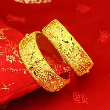 1шт. Браслет-пряжка для свадебного украшения невесты, 20 мм, сплошной браслет с изображением дракона и феникса one size(16-22CM) золотой