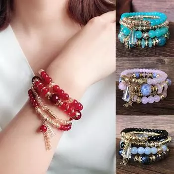 1шт Браслеты Богемские хрустальные модные многослойные бусины красивые украшения с кисточками женские аксессуары зелёный