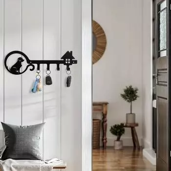 1шт. Декоративная стойка для ключей с крючками для собак - металлическое хранилище ключей с любящими собаками, ширина 13 дюймов, настенный держатель для ключей чёрный