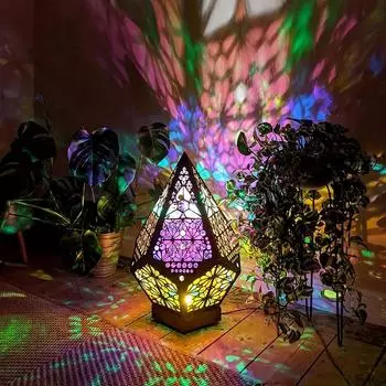 1шт Деревянный Богемский Напольный Светильник, USB-зарядка Полый Геометрический Фонарь, Ретро Богемский Светильник, Светодиодная Цветная Алмазная Лампа 1PC