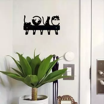 1шт. Держатель для ключей Love Cats с закрученными кошечками, вешалка для полотенец, вешалка для пальто - Декоративное железное изделие для дома чёрный
