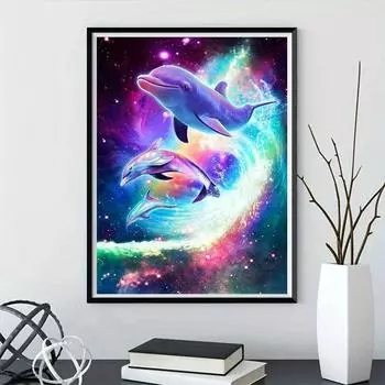 1шт DIY 5D Алмазная картина без рамы, Дельфины, летающие в пустоте Алмазная картина, Домашний подарок ручной работы, Безрамные подарки для домашнего декора ручной работы Round drill 30x40cm