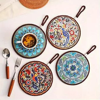 1шт изоляционная прокладка антиожоговый термостойкий коврик кастрюли и сковородки с подвесной веревкой винтажные обеденные салфетки для сервировочных тарелок 7cm