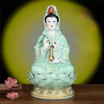 1шт керамическая сидящая зеленая одежда лотоса Наньхай Гуаньинь статуя предметы интерьера для поклонения персонажам орнамент фэн-шуй 21cm