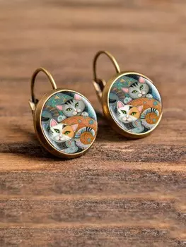 1шт Круглые серьги с рисунком кошки, ювелирные изделия